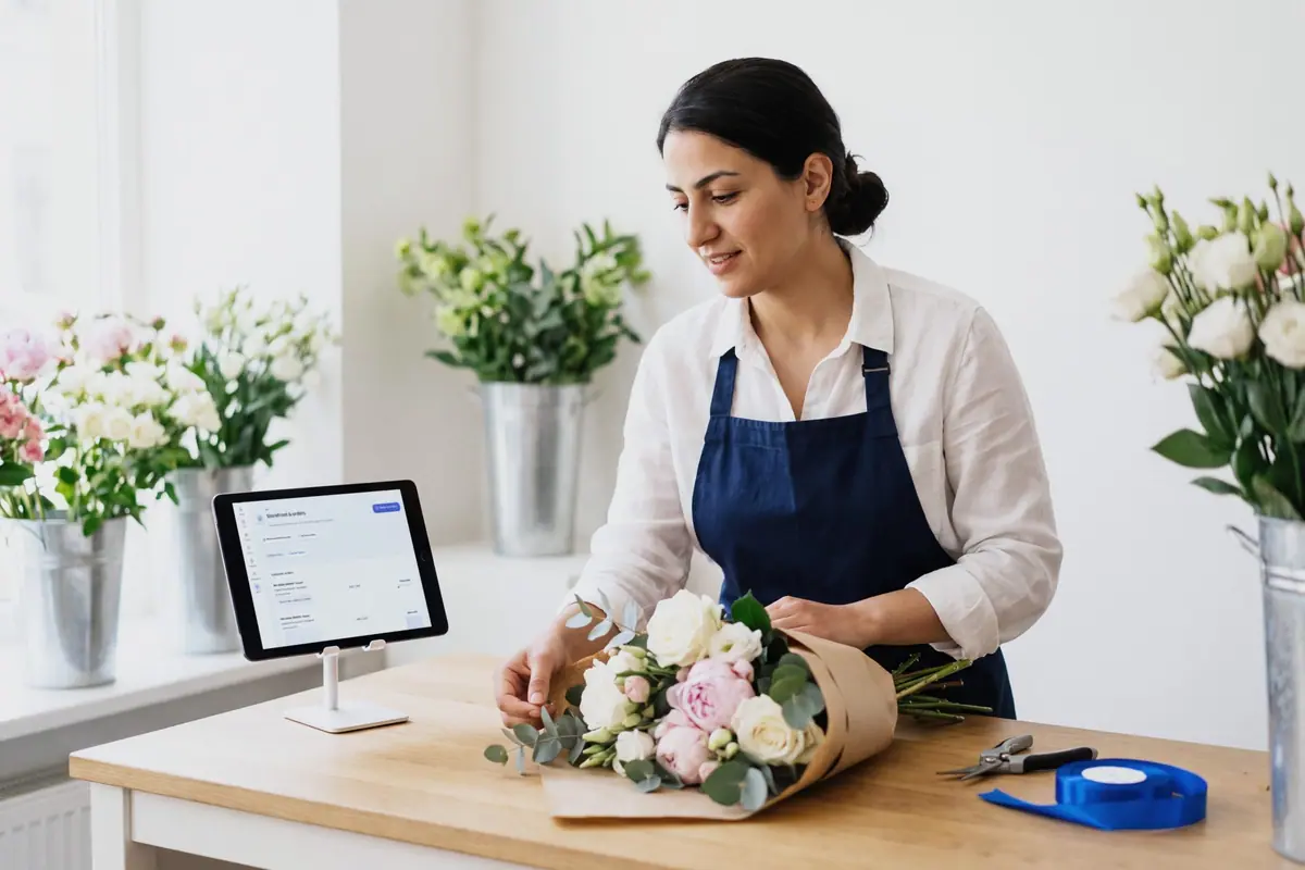 Una florista envolviendo un ramo en su mesa de trabajo