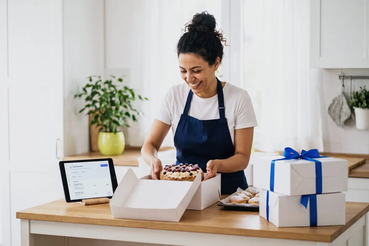 Una repostera casera empacando una tarta para un pedido