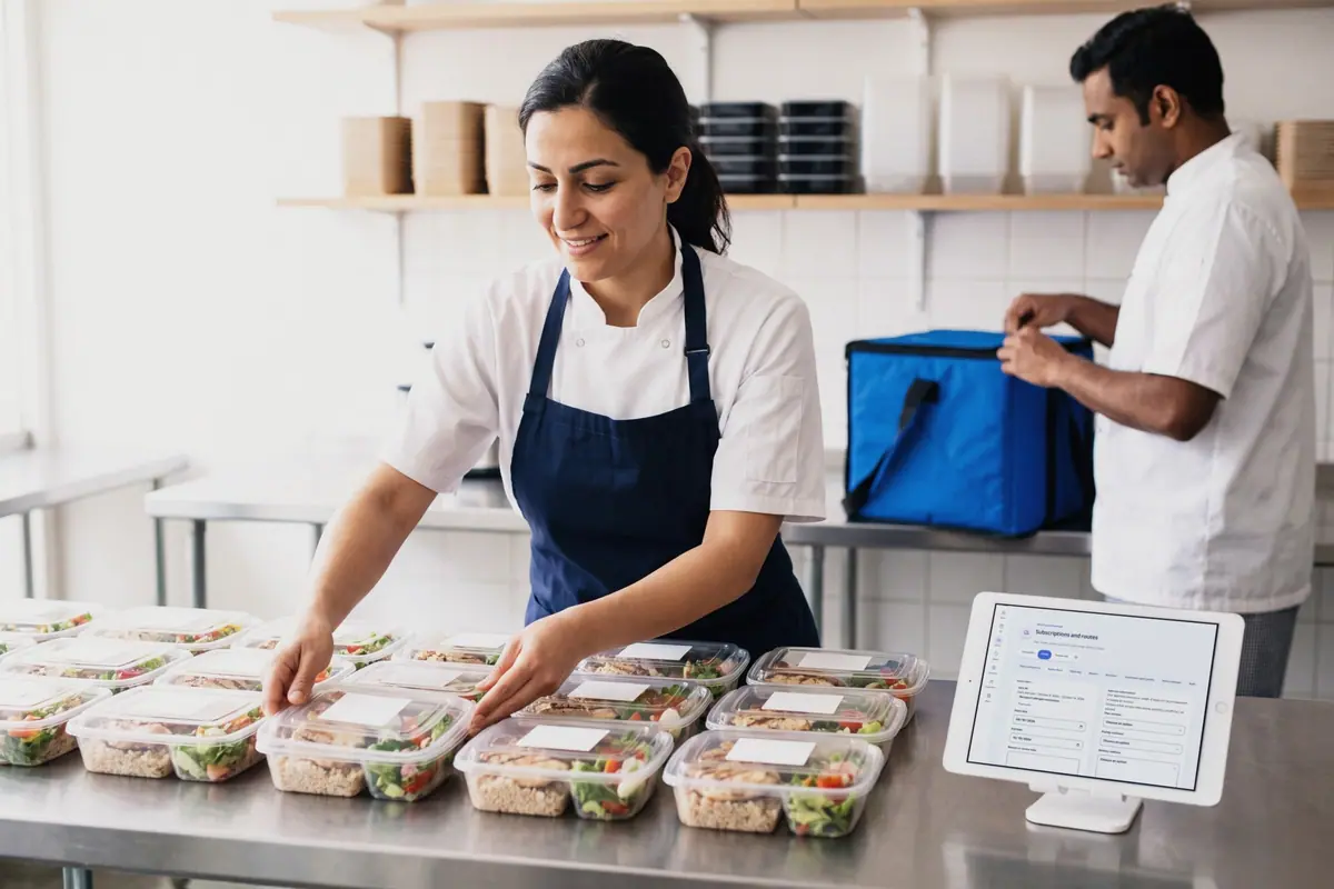 Un cocinero empacando las cajas de comida del día mientras un compañero prepara la bolsa de reparto