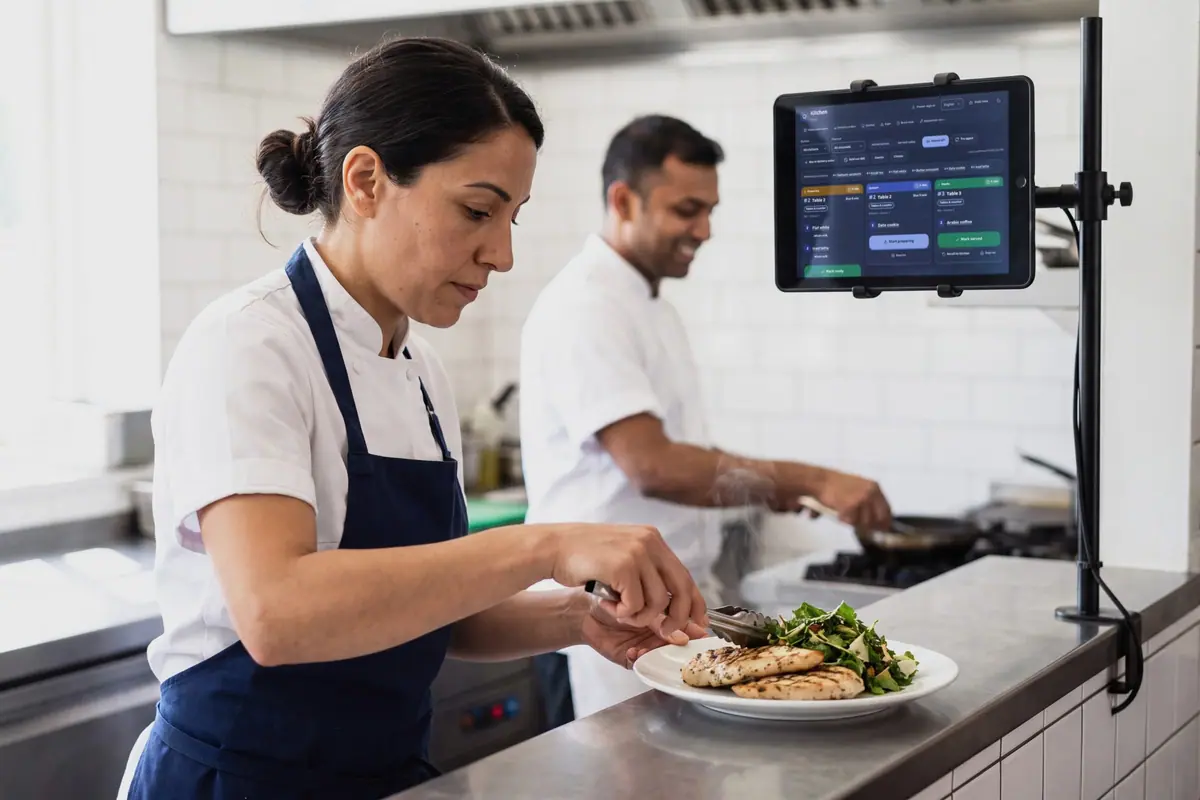 Un cocinero emplatando un plato en la cocina de un restaurante, con un compañero en los fogones