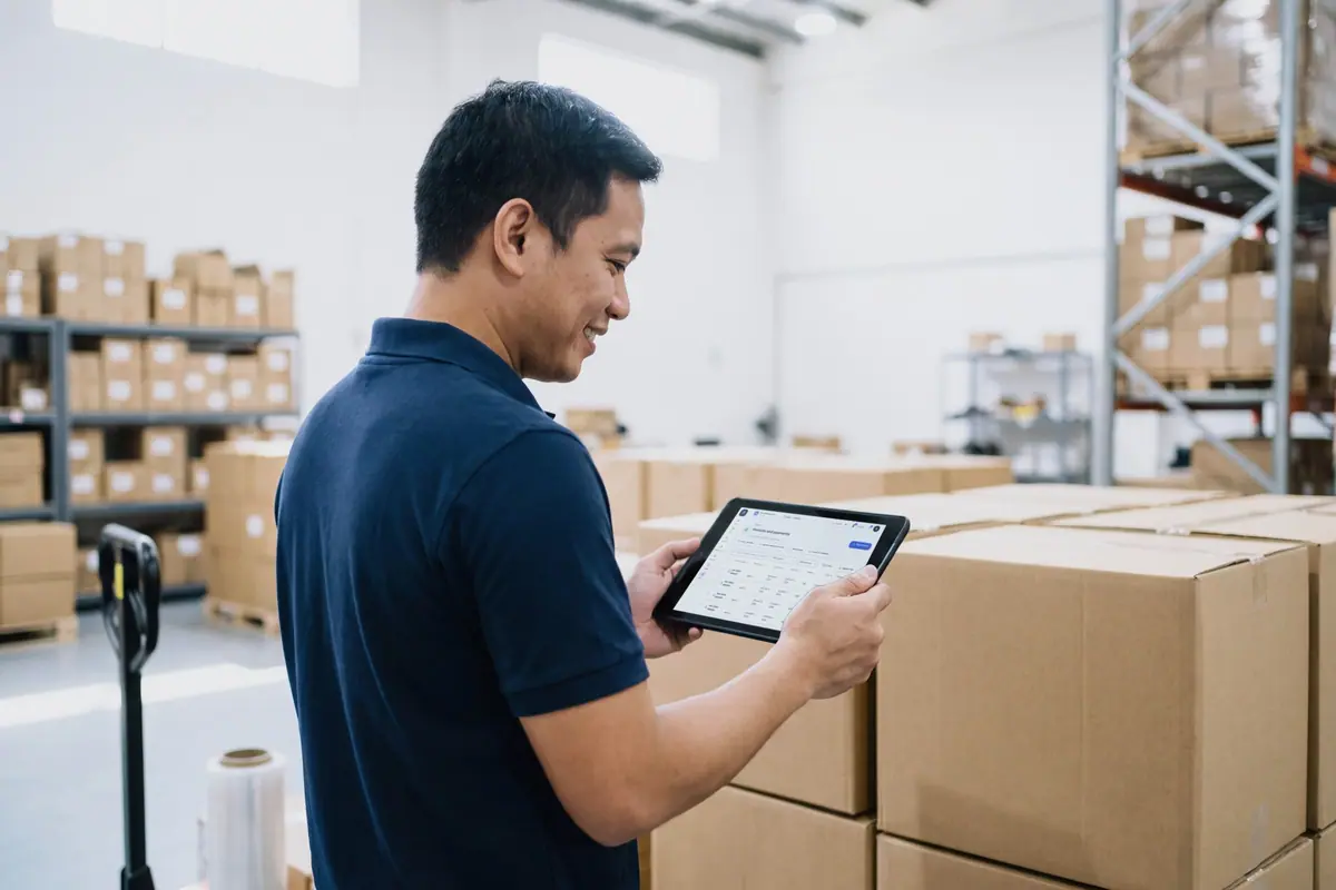 Una supervisora de almacén revisando pedidos en una tablet entre las cajas de cartón